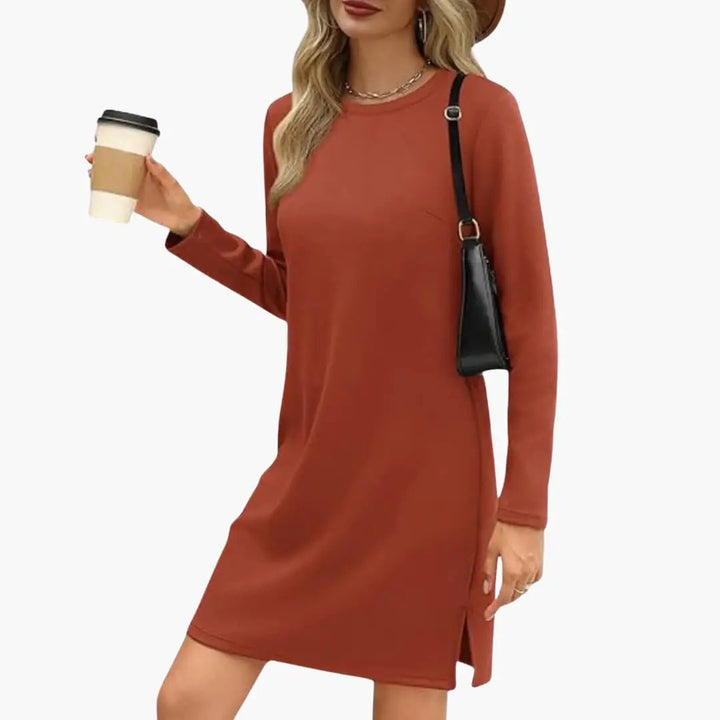 Women's Long Sleeve Mini Dress with Round Neck and Straight Hem