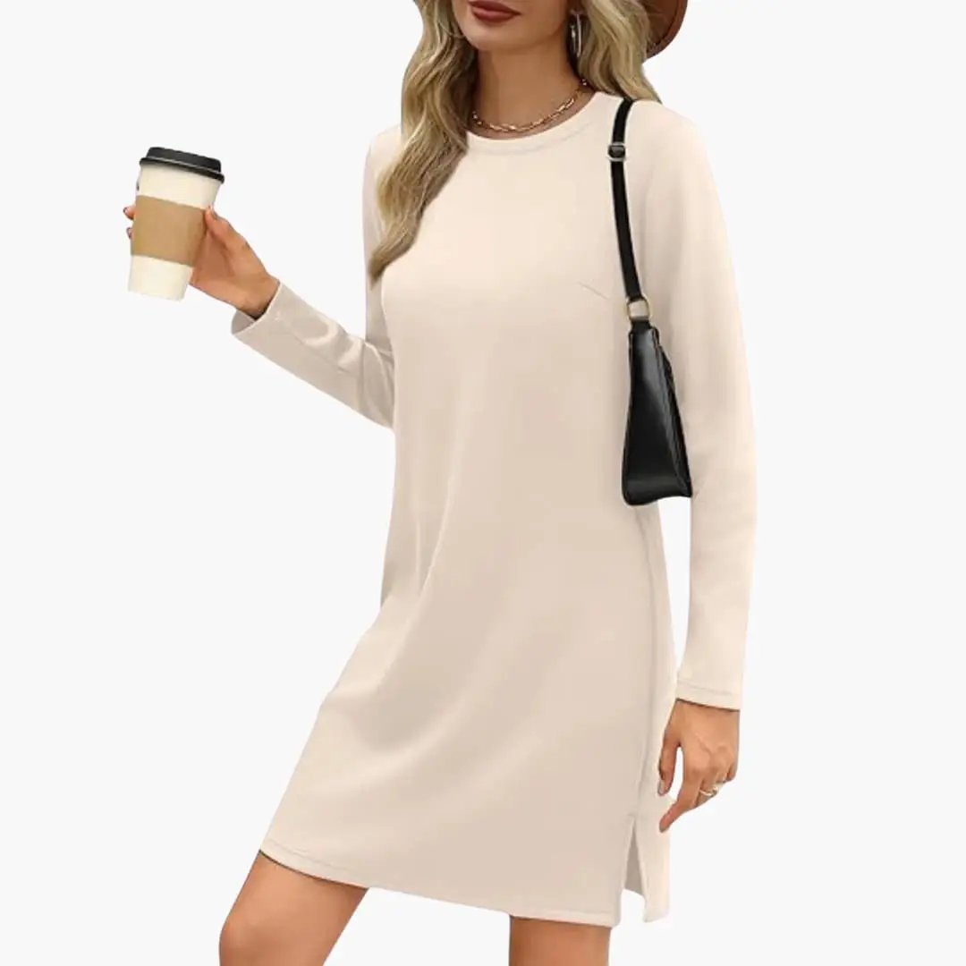 Women's Long Sleeve Mini Dress with Round Neck and Straight Hem