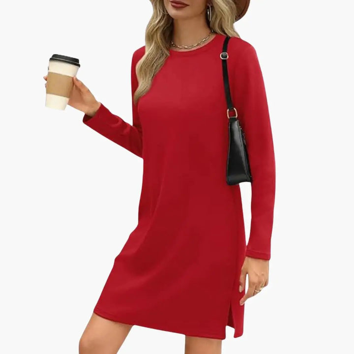 Women's Long Sleeve Mini Dress with Round Neck and Straight Hem