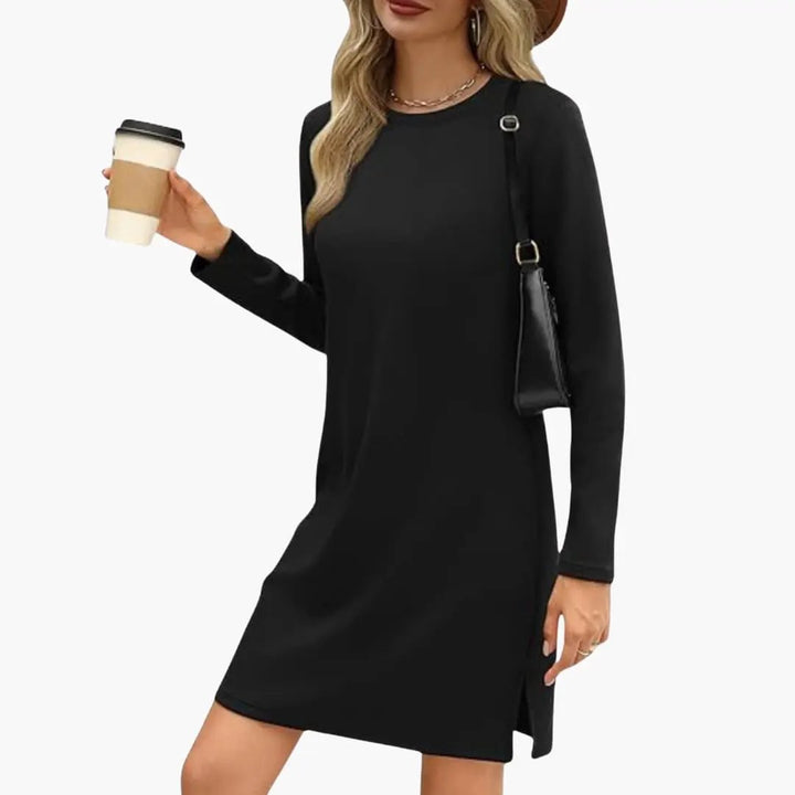 Women's Long Sleeve Mini Dress with Round Neck and Straight Hem