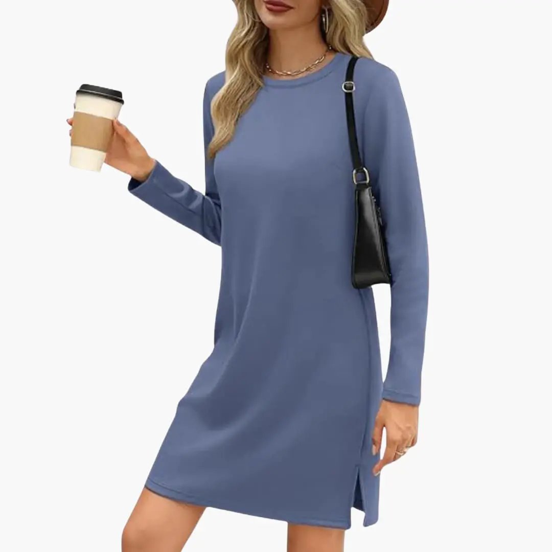 Women's Long Sleeve Mini Dress with Round Neck and Straight Hem