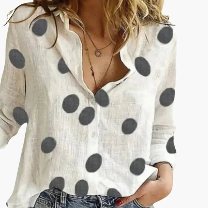 Women’s Long Sleeve Polka Dot Blouse with Button Front and Relaxed Fit