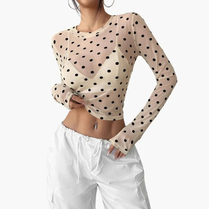 Women's Long Sleeve Polka Dot Blouse with Round Neck
