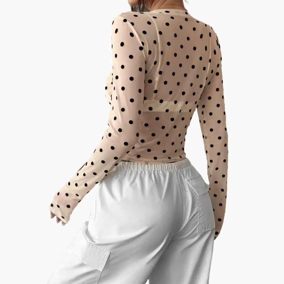 Women's Long Sleeve Polka Dot Blouse with Round Neck