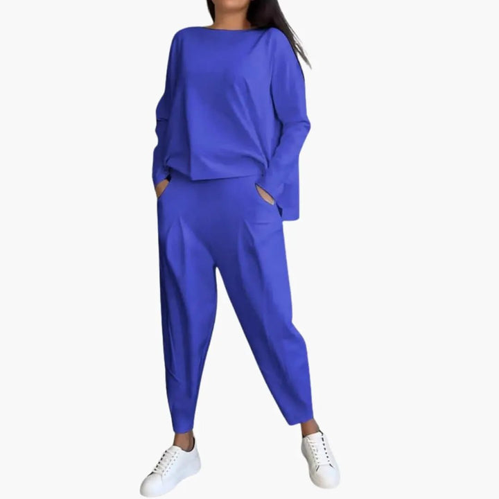 Women’s Long Sleeve Two-Piece Outfit Set – Round Neck Top and Full-Length Pants