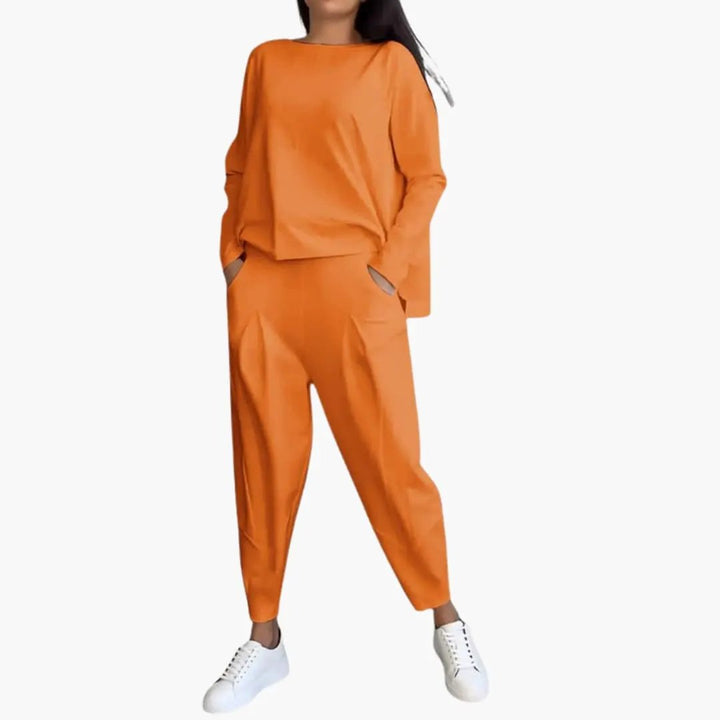 Women’s Long Sleeve Two-Piece Outfit Set – Round Neck Top and Full-Length Pants