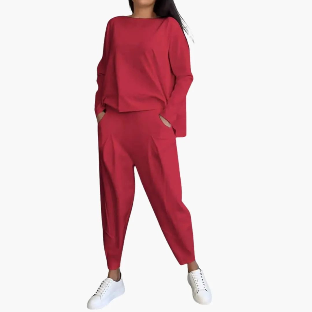 Women’s Long Sleeve Two-Piece Outfit Set – Round Neck Top and Full-Length Pants