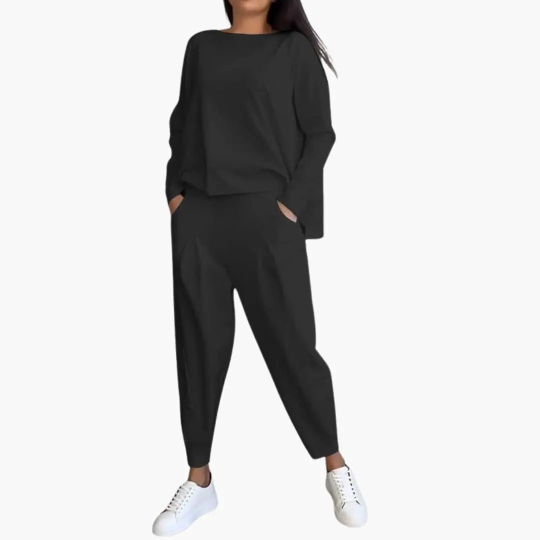 Women’s Long Sleeve Two-Piece Outfit Set – Round Neck Top and Full-Length Pants