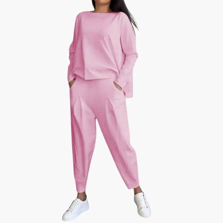Women’s Long Sleeve Two-Piece Outfit Set – Round Neck Top and Full-Length Pants