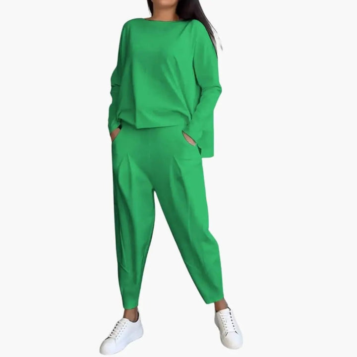 Women’s Long Sleeve Two-Piece Outfit Set – Round Neck Top and Full-Length Pants