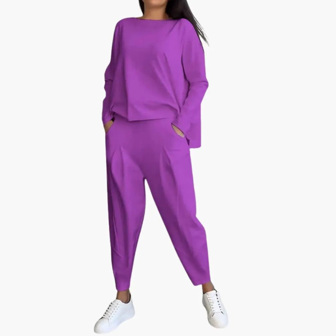 Women’s Long Sleeve Two-Piece Outfit Set – Round Neck Top and Full-Length Pants