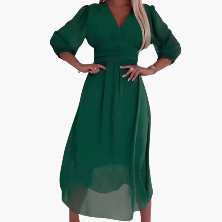 Women’s Long Sleeve V-Neck Wrap Midi Dress with Tie Waist