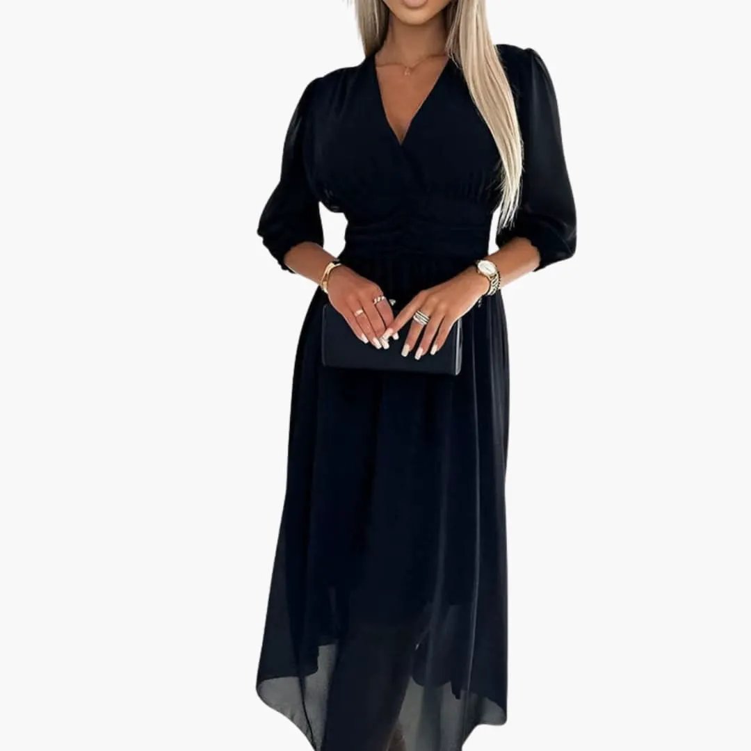 Women’s Long Sleeve V-Neck Wrap Midi Dress with Tie Waist