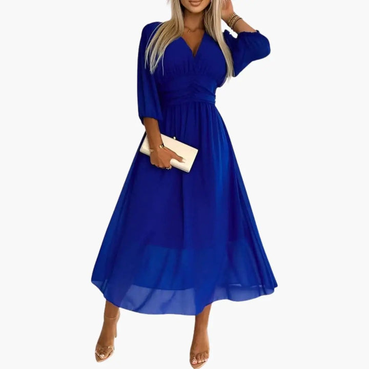 Women’s Long Sleeve V-Neck Wrap Midi Dress with Tie Waist