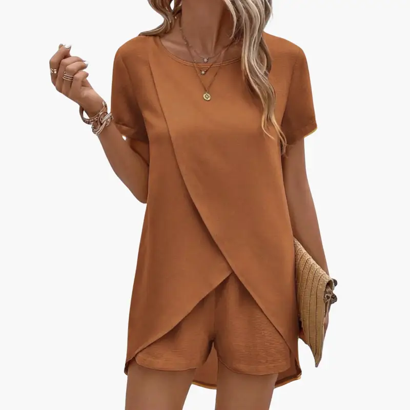 Women's Lounge Set with Short Sleeve Top and Elastic Waist Pants