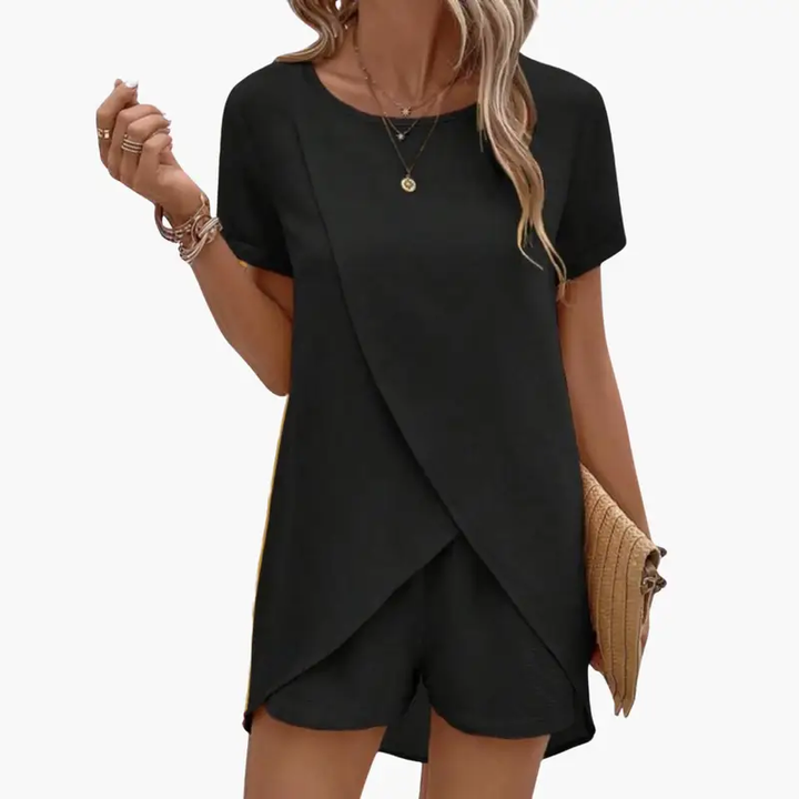 Women's Lounge Set with Short Sleeve Top and Elastic Waist Pants