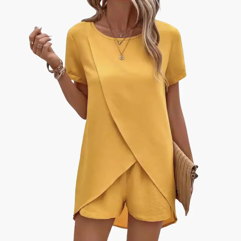 Women's Lounge Set with Short Sleeve Top and Elastic Waist Pants