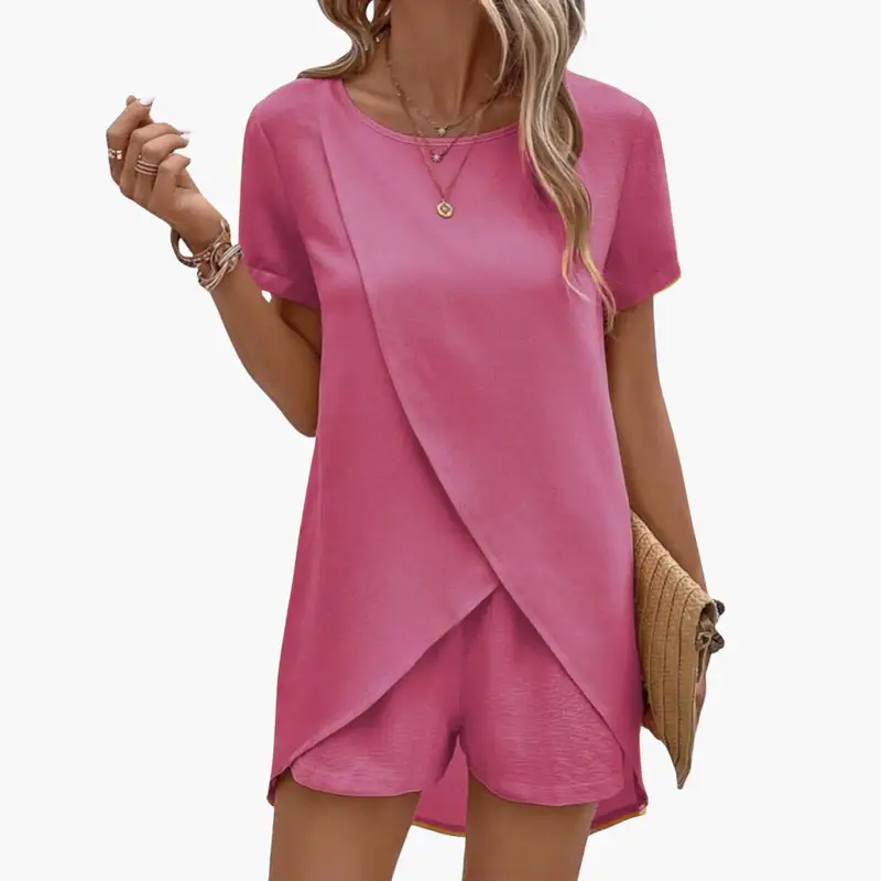 Women's Lounge Set with Short Sleeve Top and Elastic Waist Pants