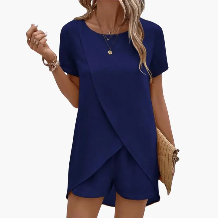 Women's Lounge Set with Short Sleeve Top and Elastic Waist Pants