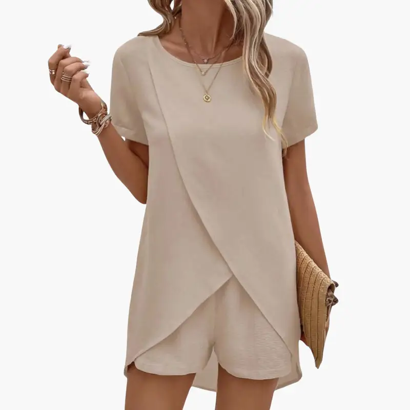 Women's Lounge Set with Short Sleeve Top and Elastic Waist Pants