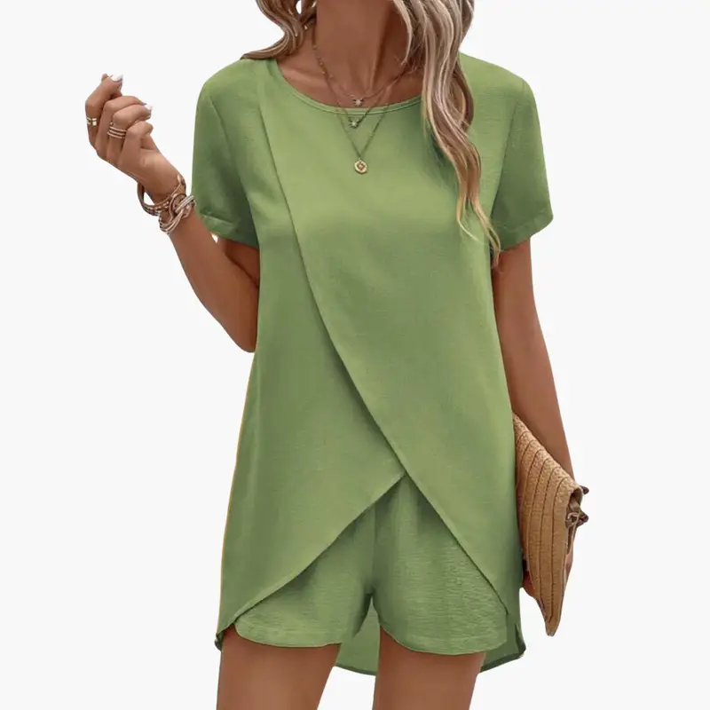 Women's Lounge Set with Short Sleeve Top and Elastic Waist Pants