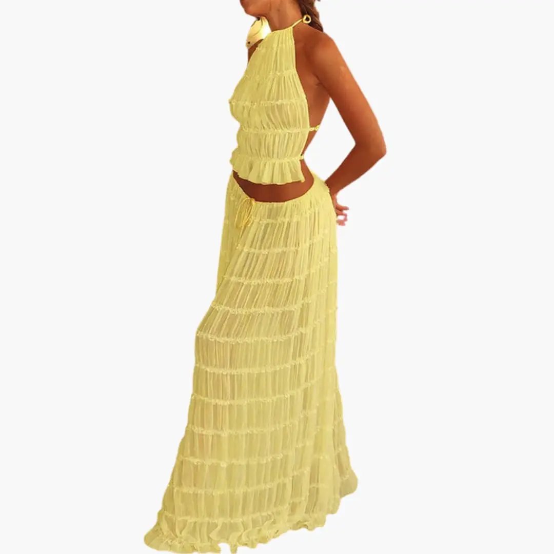 Women’s Maxi Dress with Adjustable Bodice and Ruffle Trim