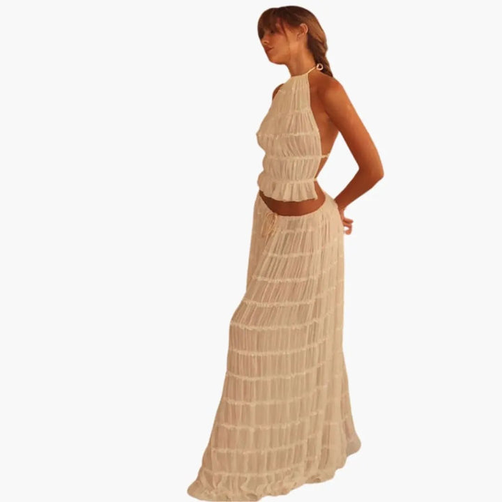 Women’s Maxi Dress with Adjustable Bodice and Ruffle Trim