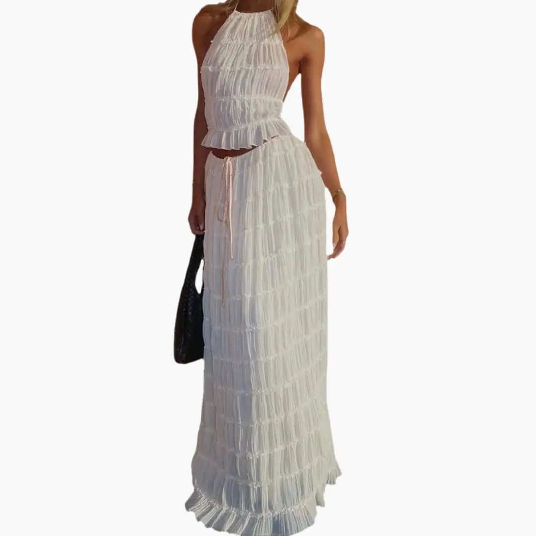 Women’s Maxi Dress with Adjustable Bodice and Ruffle Trim