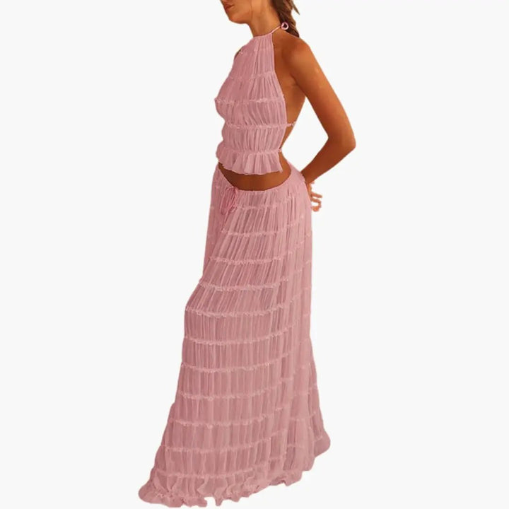 Women’s Maxi Dress with Adjustable Bodice and Ruffle Trim