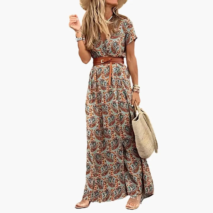 Women’s Maxi Dress with Belt Short Sleeve Gathered Waist Long Dress