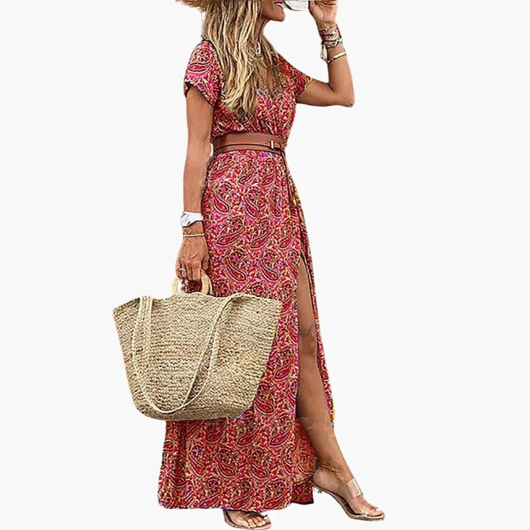 Women’s Maxi Dress with Belt Short Sleeve Gathered Waist Long Dress