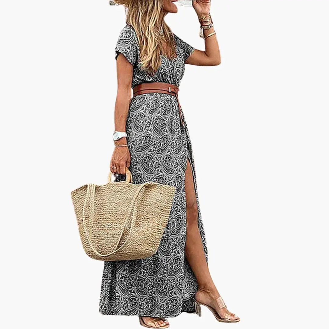 Women’s Maxi Dress with Belt Short Sleeve Gathered Waist Long Dress