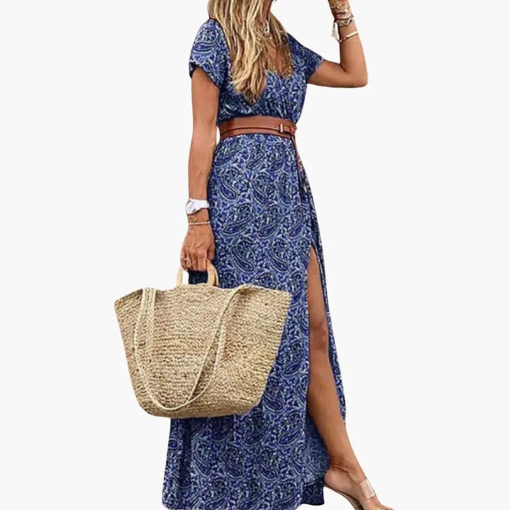 Women’s Maxi Dress with Belt Short Sleeve Gathered Waist Long Dress