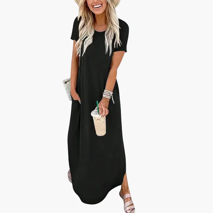 Women's Maxi Dress with Round Neck and Flowing Skirt