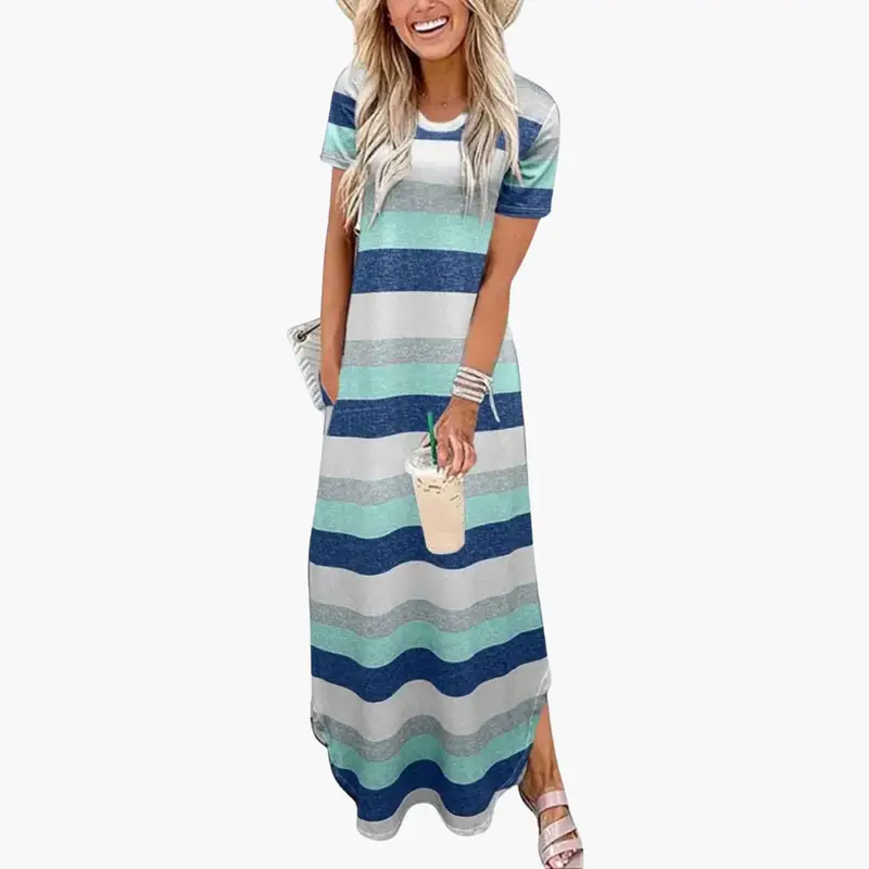 Women's Maxi Dress with Round Neck and Flowing Skirt