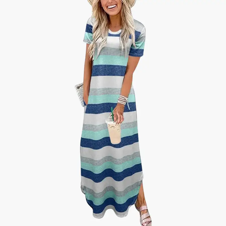 Women's Maxi Dress with Round Neck and Flowing Skirt