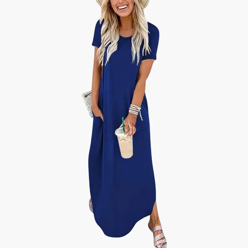 Women's Maxi Dress with Round Neck and Flowing Skirt