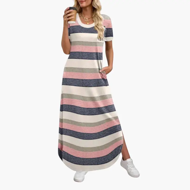 Women's Maxi Dress with Round Neck and Flowing Skirt
