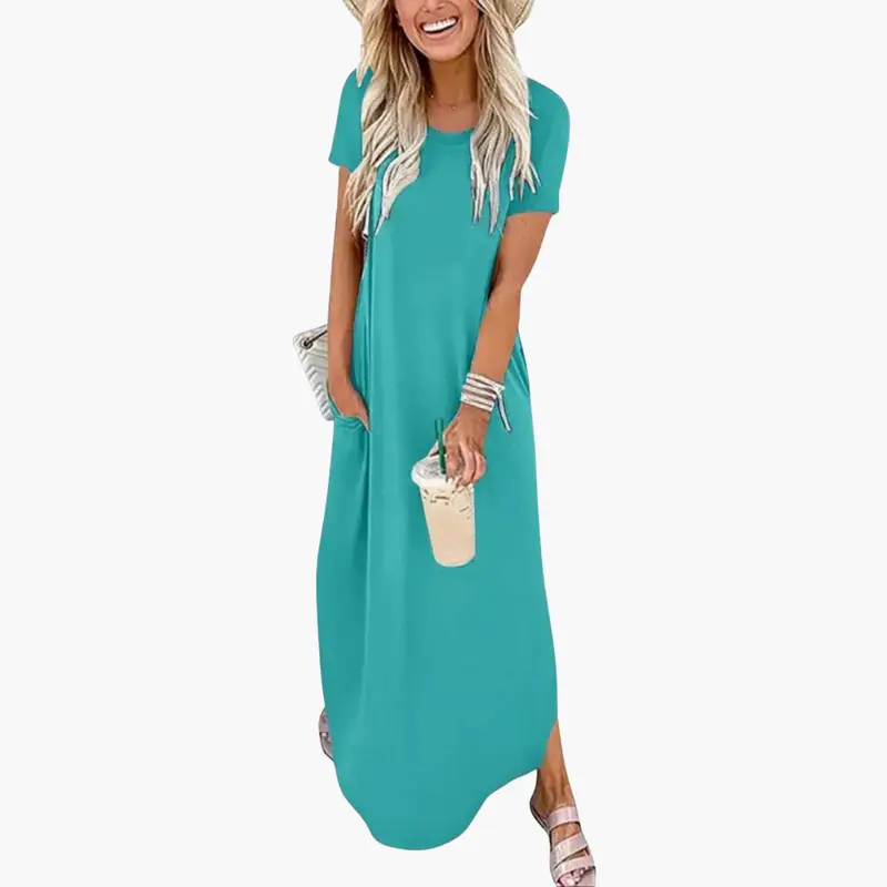 Women's Maxi Dress with Round Neck and Flowing Skirt