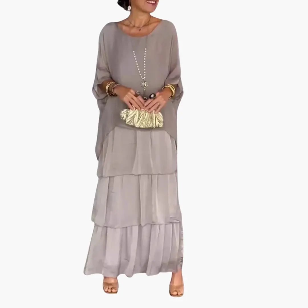Women's Maxi Dress with Round Neck and Smocked Sleeve Detail
