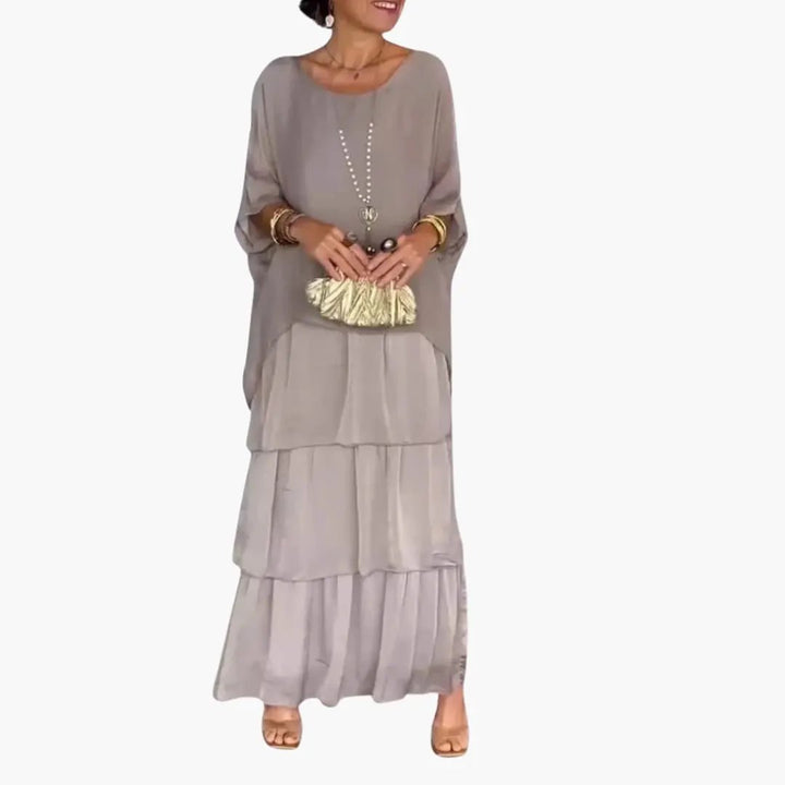 Women's Maxi Dress with Round Neck and Smocked Sleeve Detail