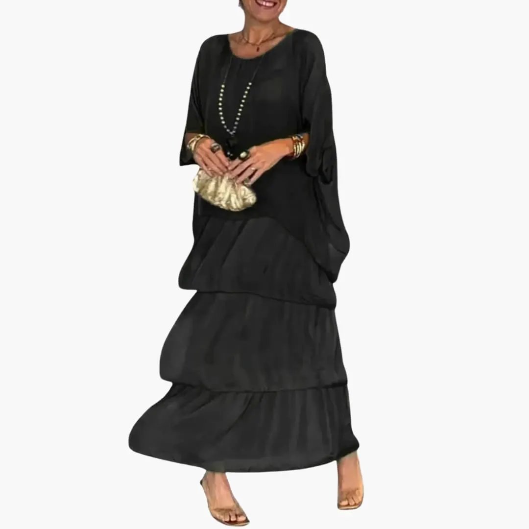 Women's Maxi Dress with Round Neck and Smocked Sleeve Detail
