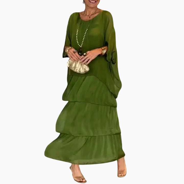 Women's Maxi Dress with Round Neck and Smocked Sleeve Detail