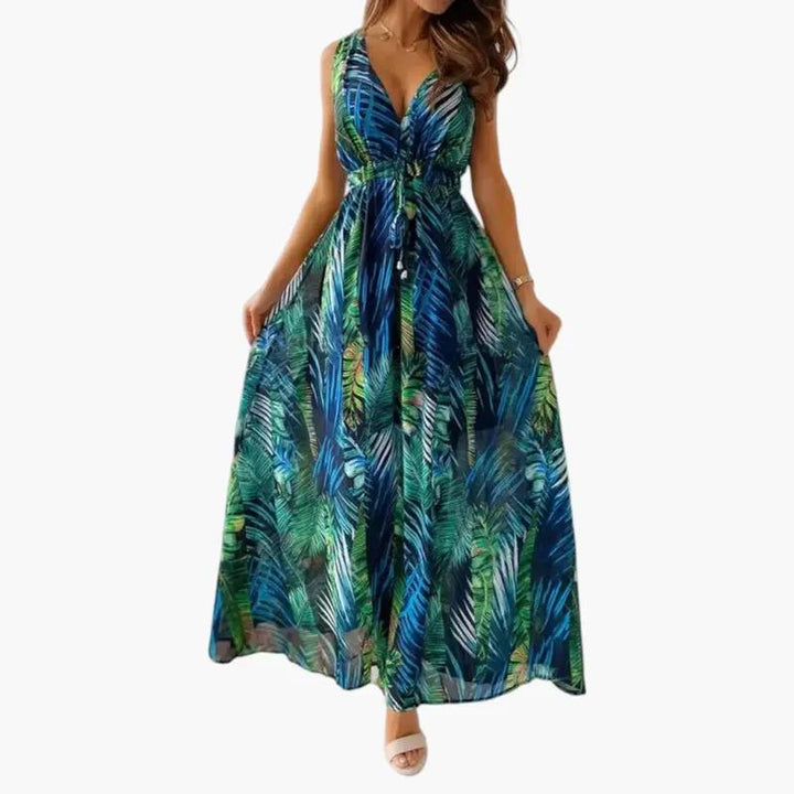 Women's Maxi Dress with V Neckline and Sleeveless Design
