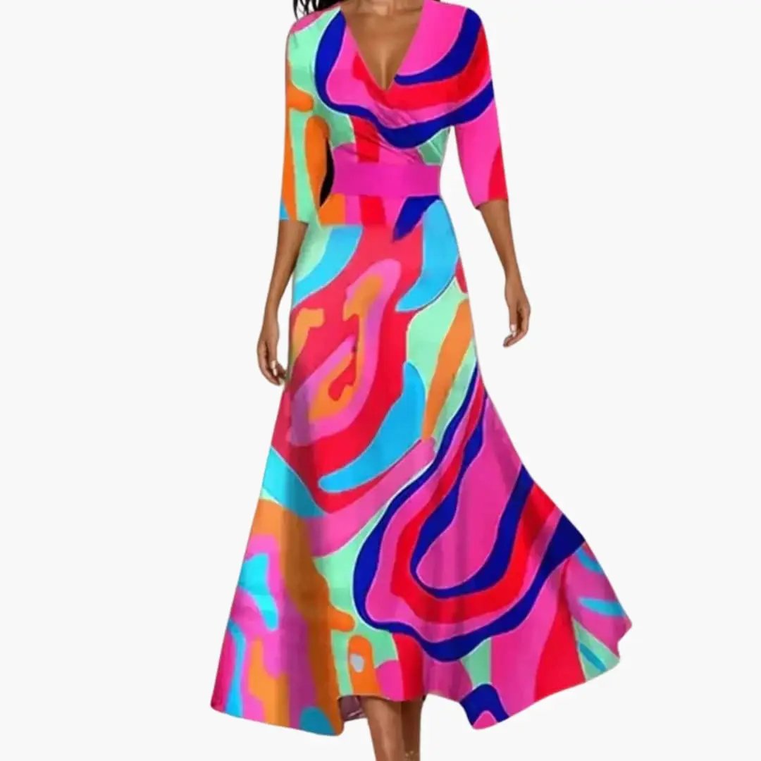 Women's Maxi Dress with Wrap Design and Three Quarter Sleeves