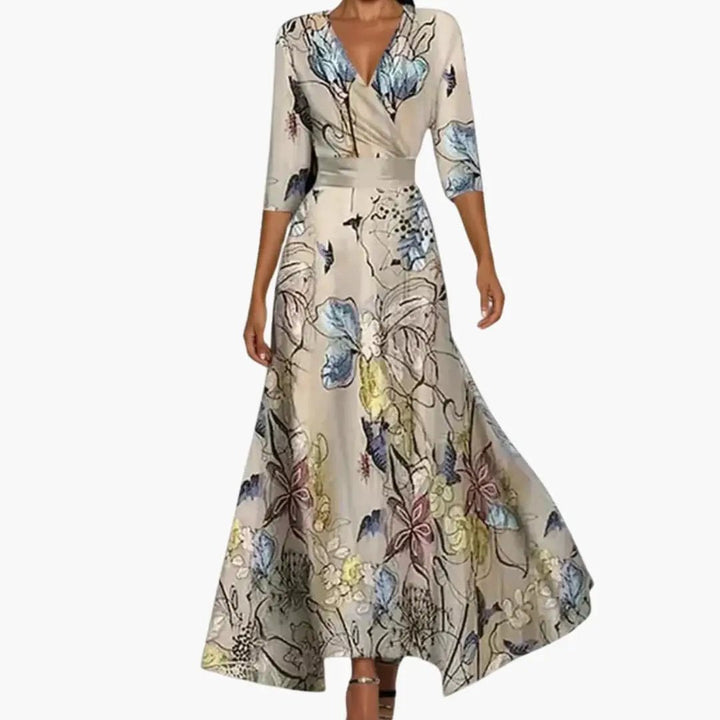 Women's Maxi Dress with Wrap Design and Three Quarter Sleeves