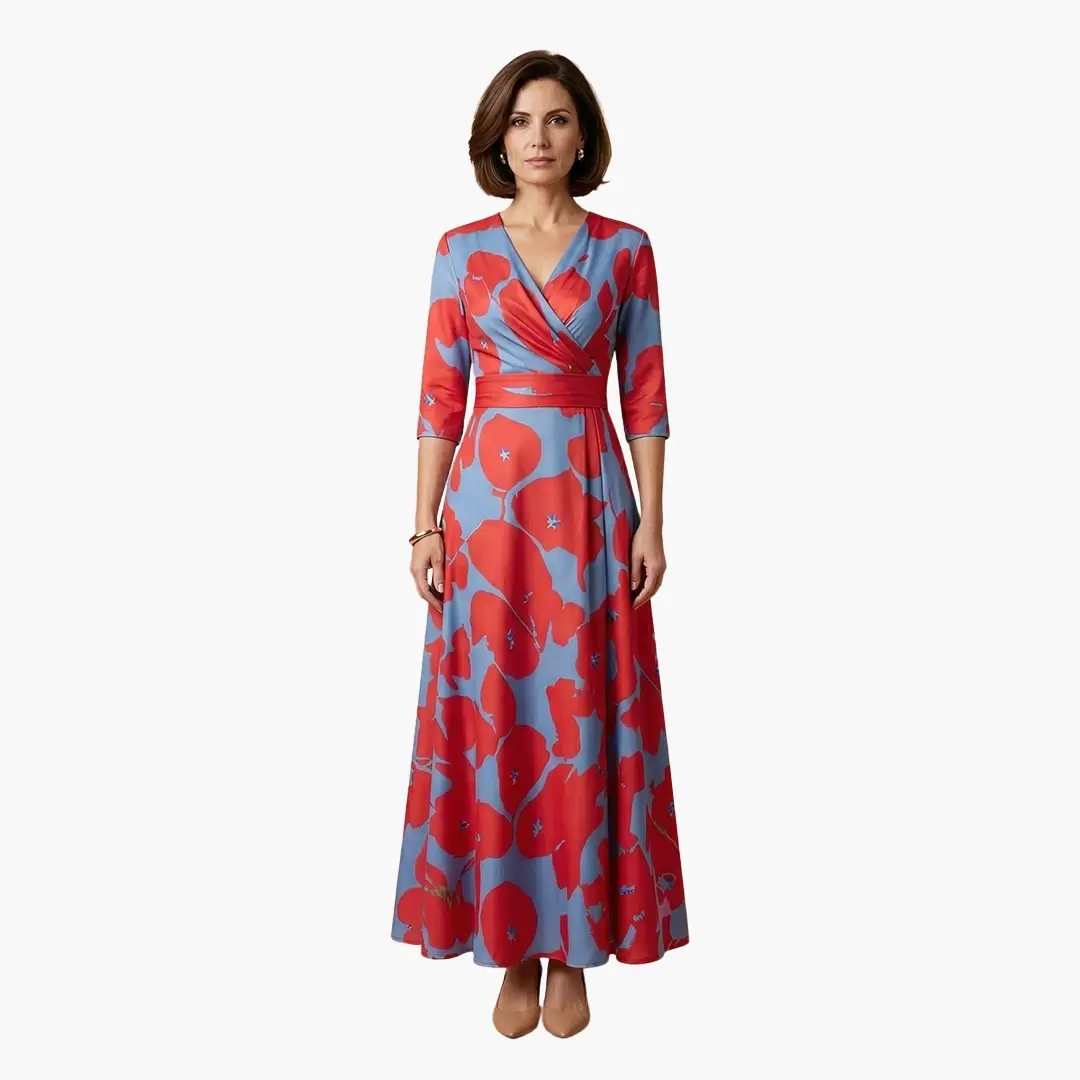 Women's Maxi Dress with Wrap Design and Three Quarter Sleeves