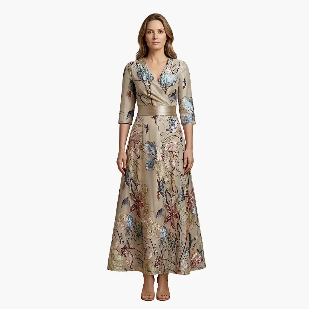 Women's Maxi Dress with Wrap Design and Three Quarter Sleeves