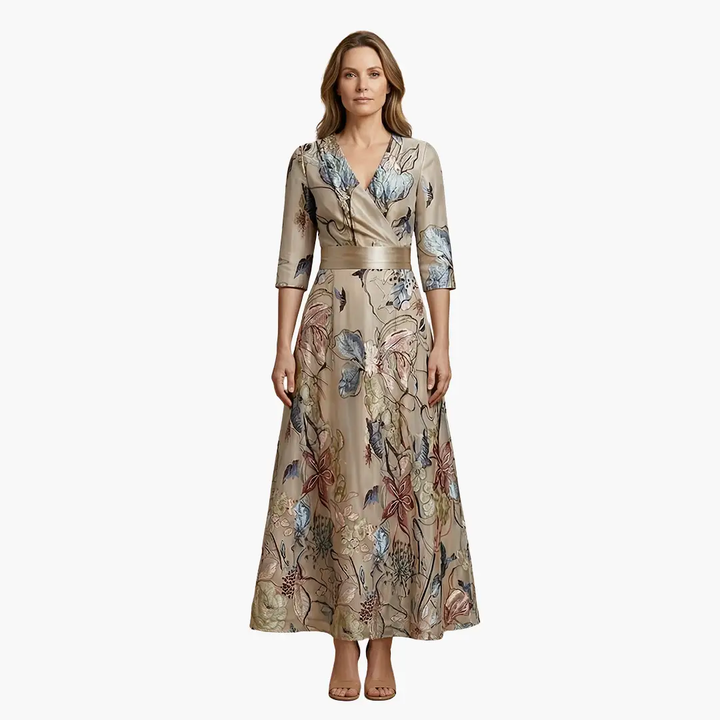 Women's Maxi Dress with Wrap Design and Three Quarter Sleeves