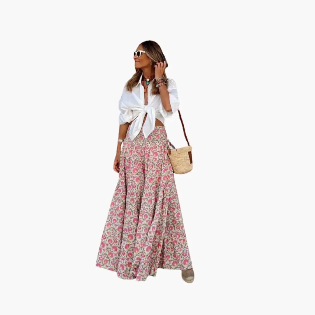 Women's Maxi Skirt with Elastic Waistband and Floral Print